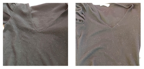 atrapapelos - camiseta gris antes y después de lavar con atrapapelos